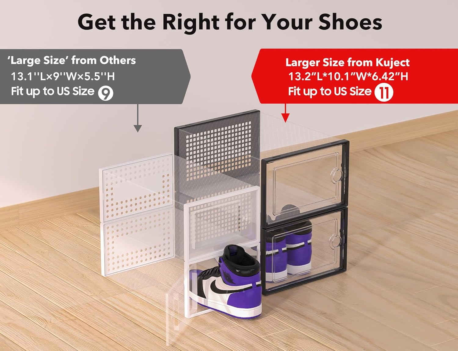 X-Large Shoe Storage Boxes Organizers Clear Plastic Stackable 12 Pack, Shoe Rack & Holder Substitute, Sneaker Containers, Toy Storage Organizer Bins for Entryway, Closet, Under Bed, Black - Image 7