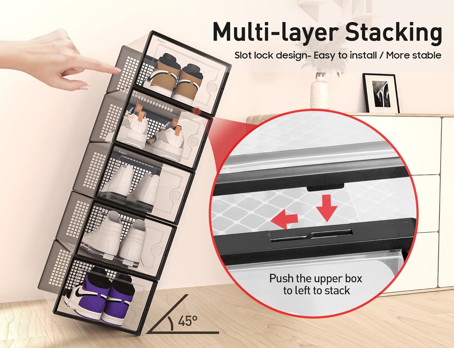 X-Large Shoe Storage Boxes Organizers Clear Plastic Stackable 12 Pack, Shoe Rack & Holder Substitute, Sneaker Containers, Toy Storage Organizer Bins for Entryway, Closet, Under Bed, Black - Image 4
