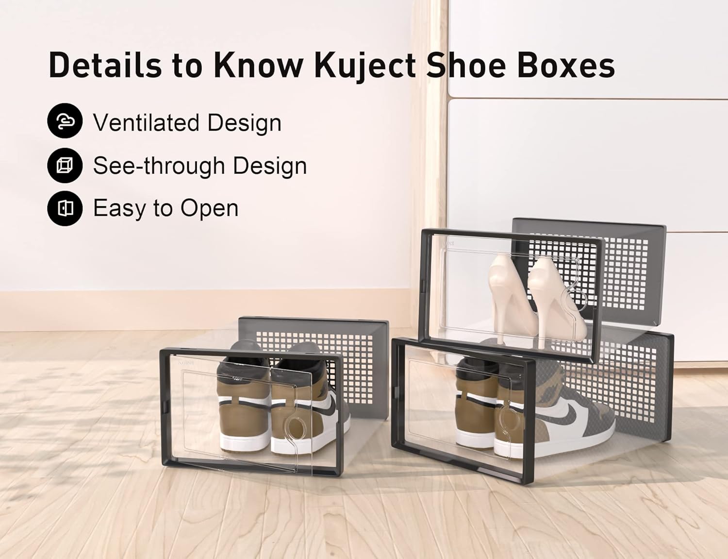 X-Large Shoe Storage Boxes Organizers Clear Plastic Stackable 12 Pack, Shoe Rack & Holder Substitute, Sneaker Containers, Toy Storage Organizer Bins for Entryway, Closet, Under Bed, Black - Image 2